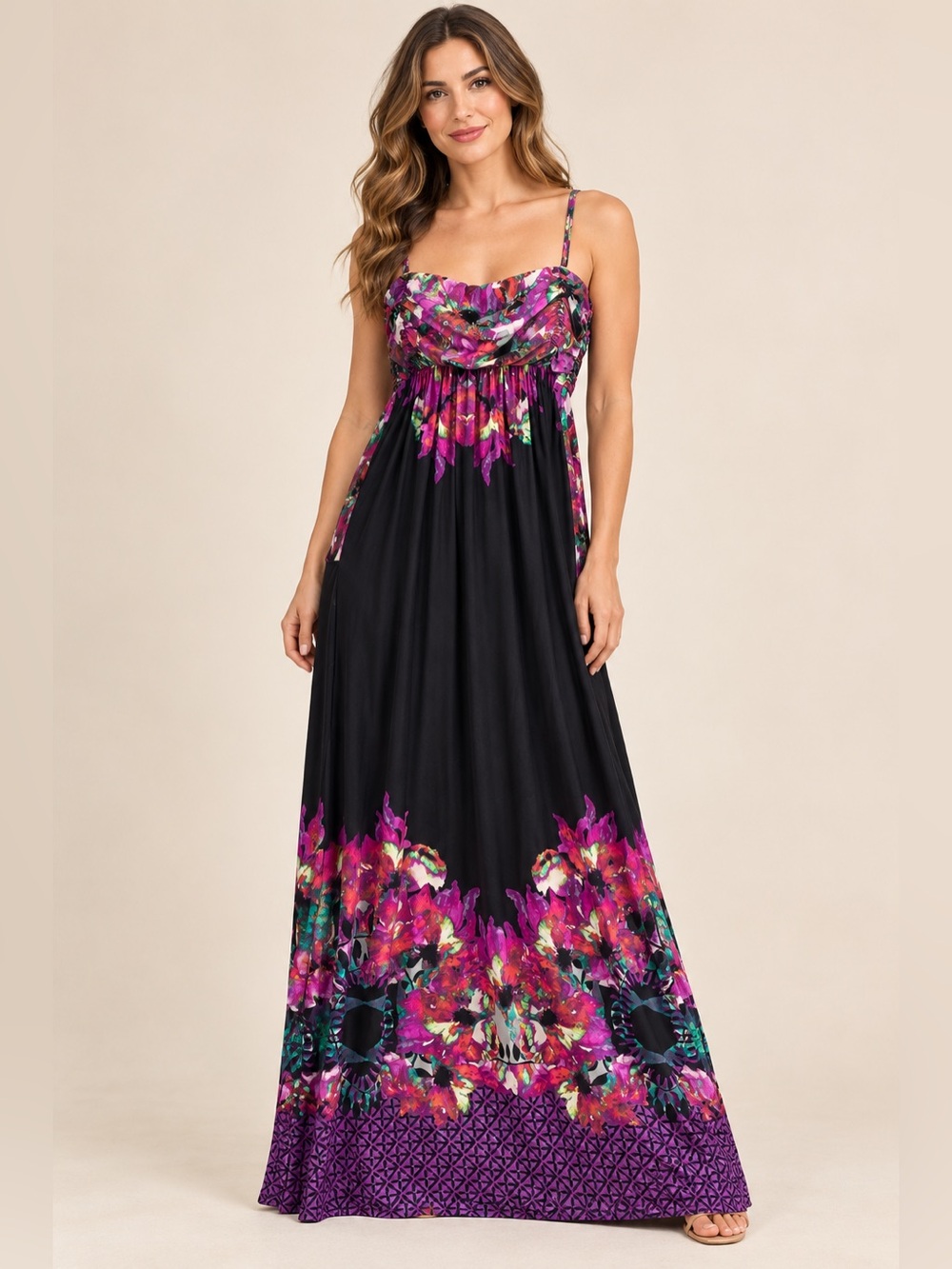 Soma Black Purple Floral Maxi Dress Medium Ruched Bodice Spaghetti Straps.